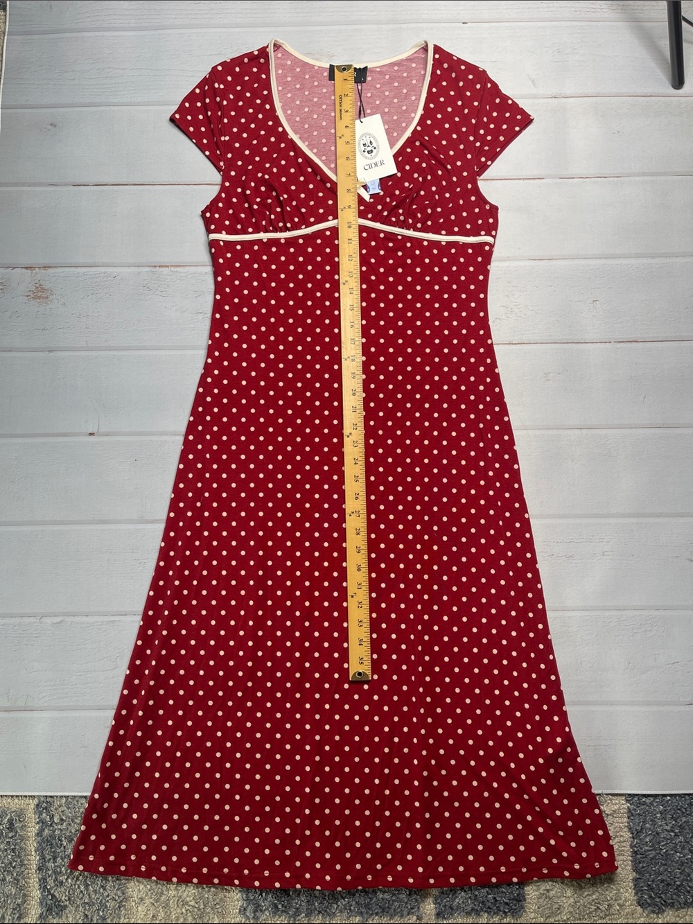 New Cider Dress XL Brick Red Polka Dots Bow Stretch Cap Sleeves V-neck Sexy NWT - Picture 13 of 14